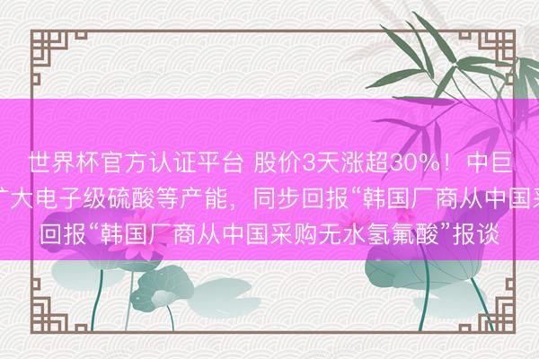 世界杯官方认证平台 股价3天涨超30%！中巨芯拟募资不超8亿元扩大电子级硫酸等产能，同步回报“韩国厂商从中国采购无水氢氟酸”报谈